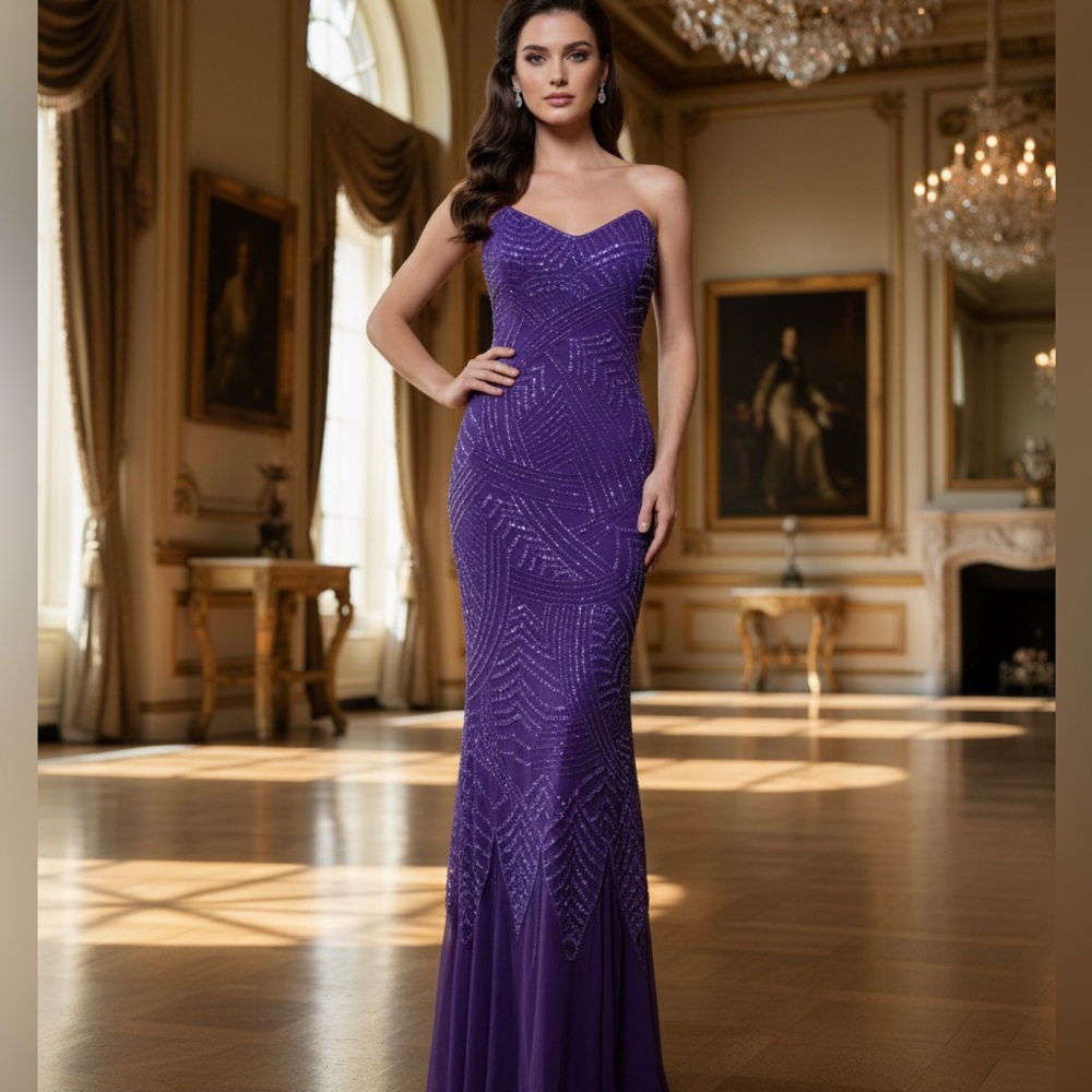 Purple Sequin hand beaded on Power mesh Strapless Evening Dress - Picture 4 of 9
